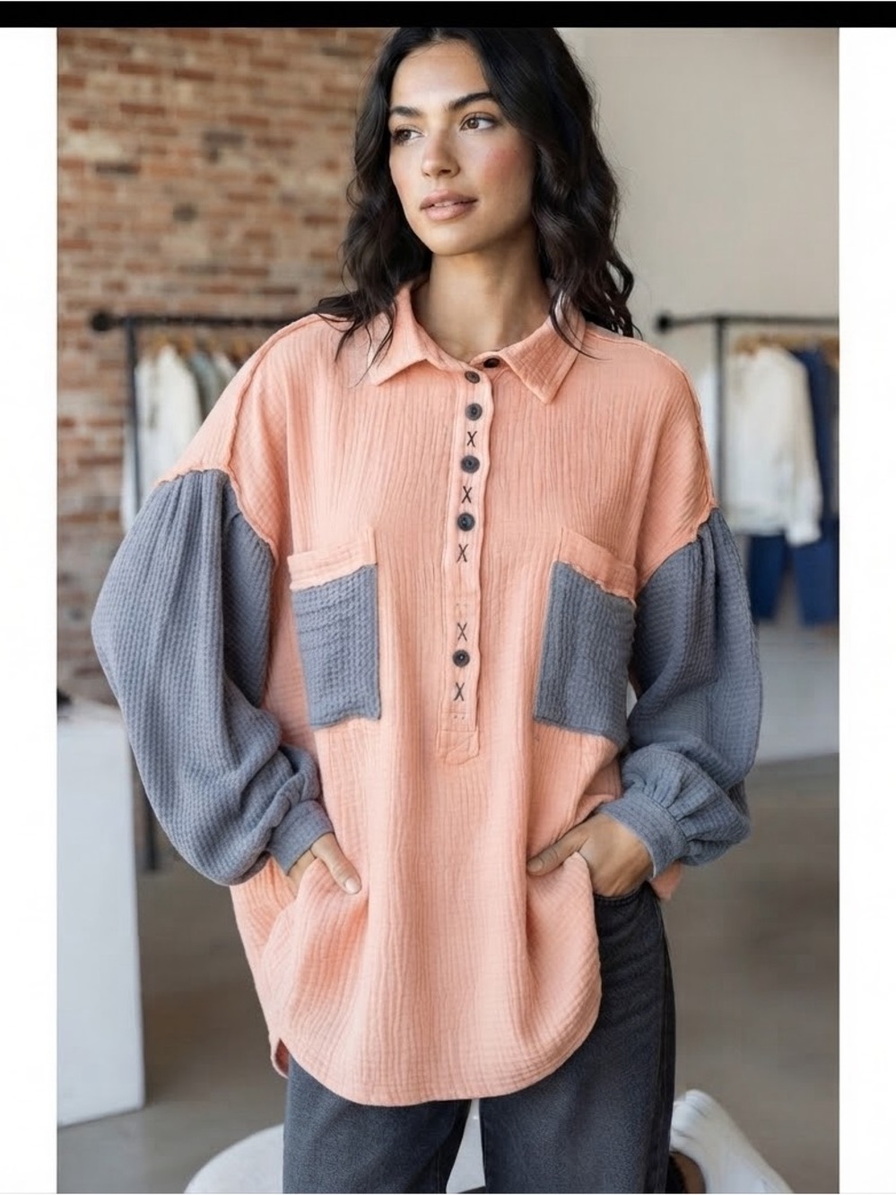 POL Gauze Colorblock Waffle Knit Sleeve Button-Up Small will fit a medium.